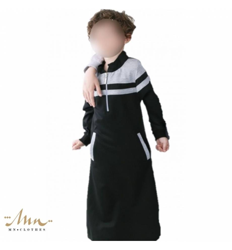 Qamis Enfant Qaba'il - Modèle noir et gris clair